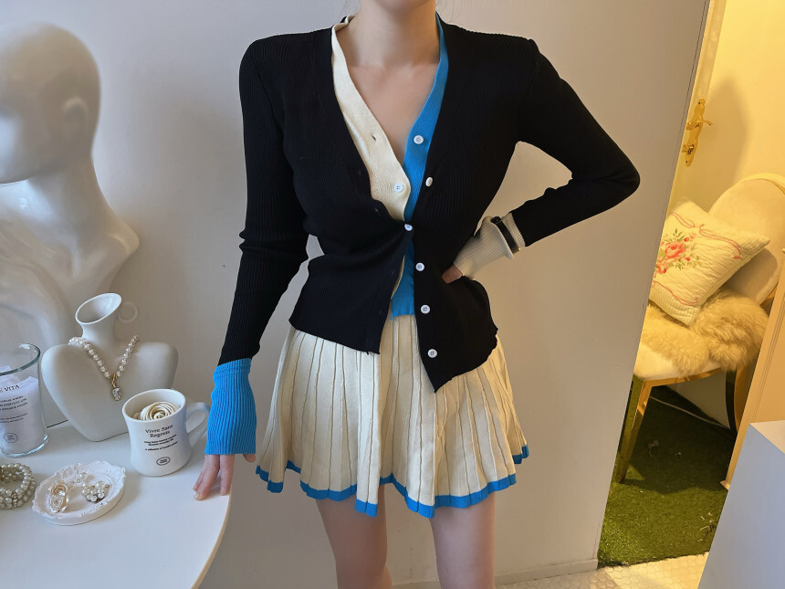 涼感針織撞色假2件外套+百褶裙(2件組)