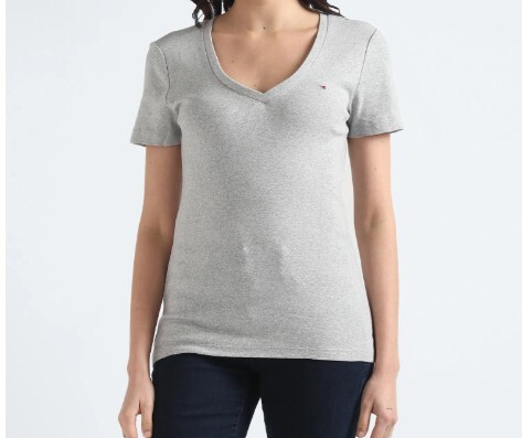 [S] TOMMY HILFIGER SMALL LOGO LADIES V NECK FAVORITE TEE,GRAY, 76J4871-050 (STH976)