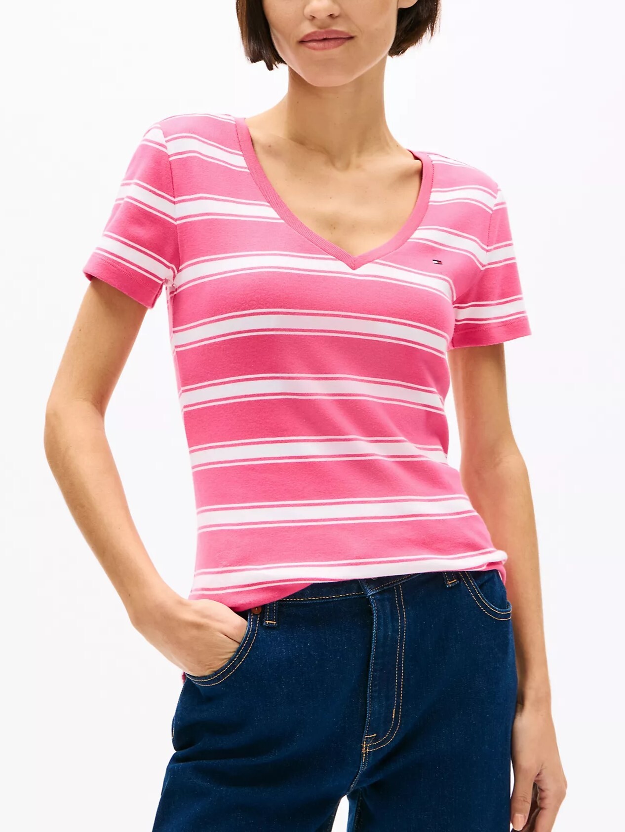 [S] TOMMY HILFIGER FANDANGO PINK VNECK STRIPE FAVORITE TSHIRT, 76J5527-670 (STH1275)