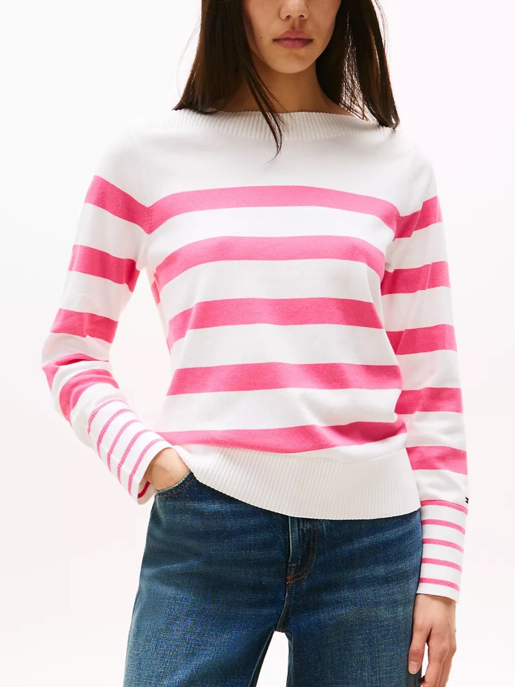 [S] TOMMY HILFIGER FANDANGO PINK STRIPE BOATNECK SWEATER, XW04164-650 (STH1416)