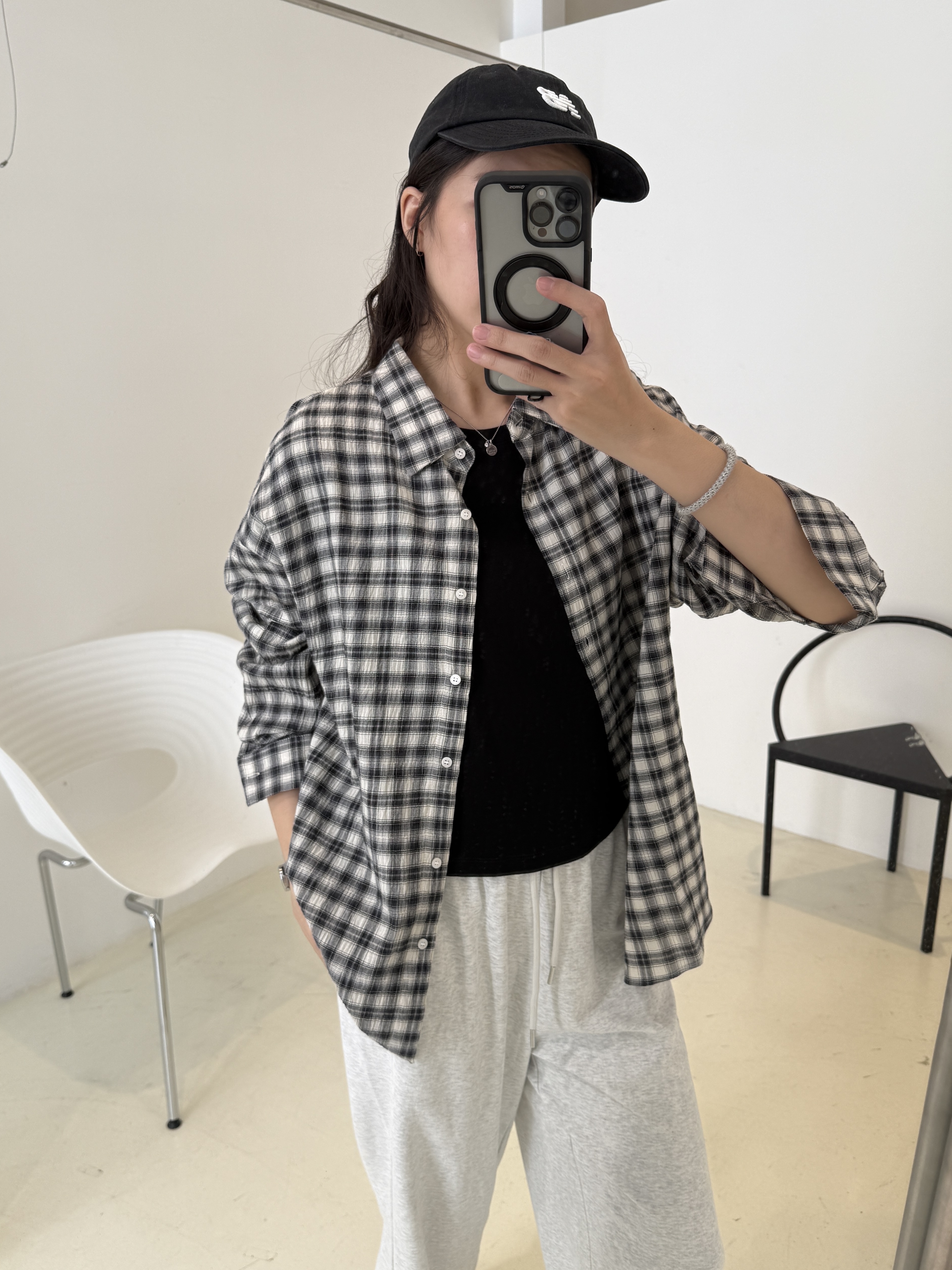 皺皺感柔軟格紋襯衫*2色