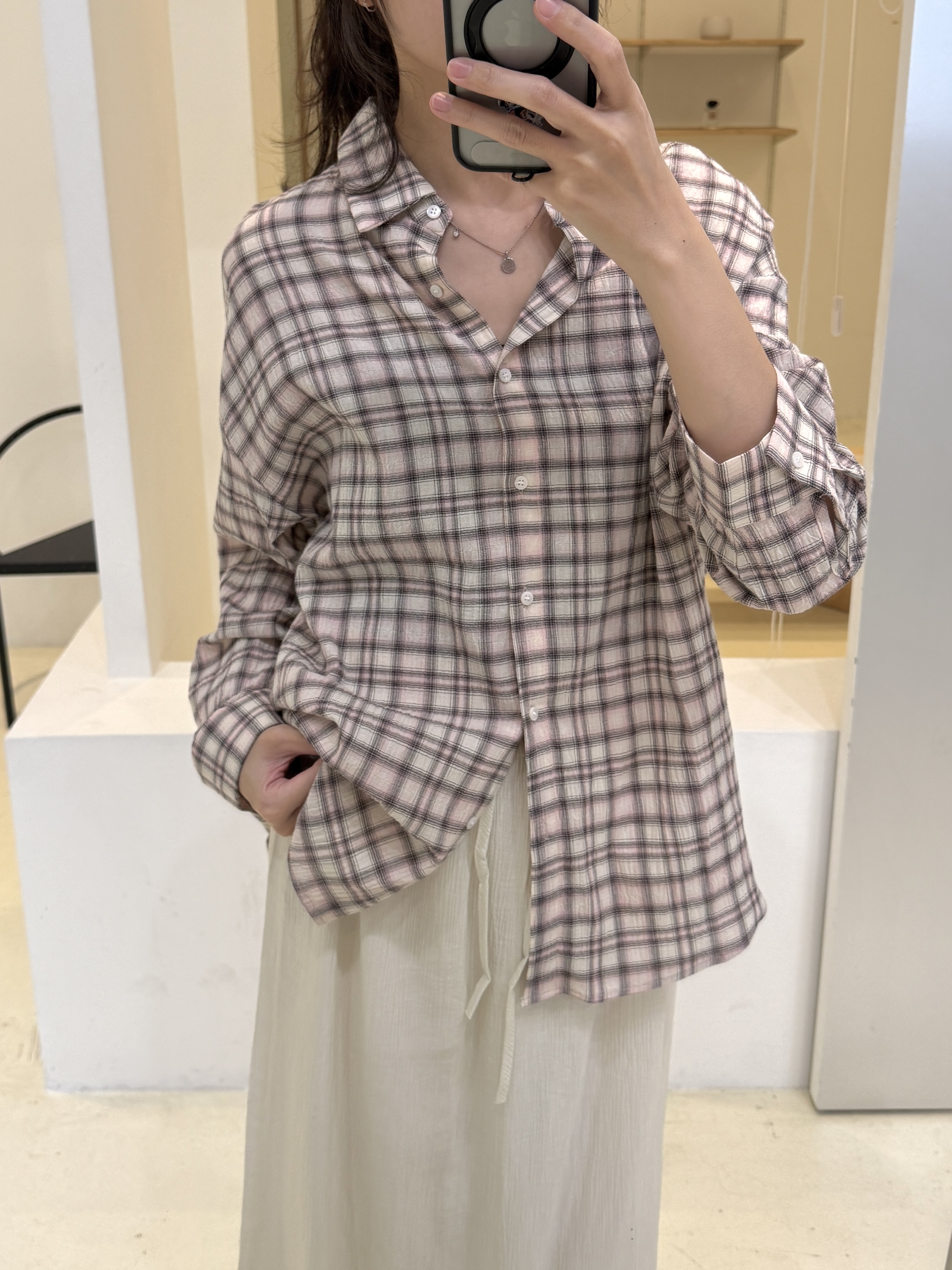 皺皺感柔軟格紋襯衫