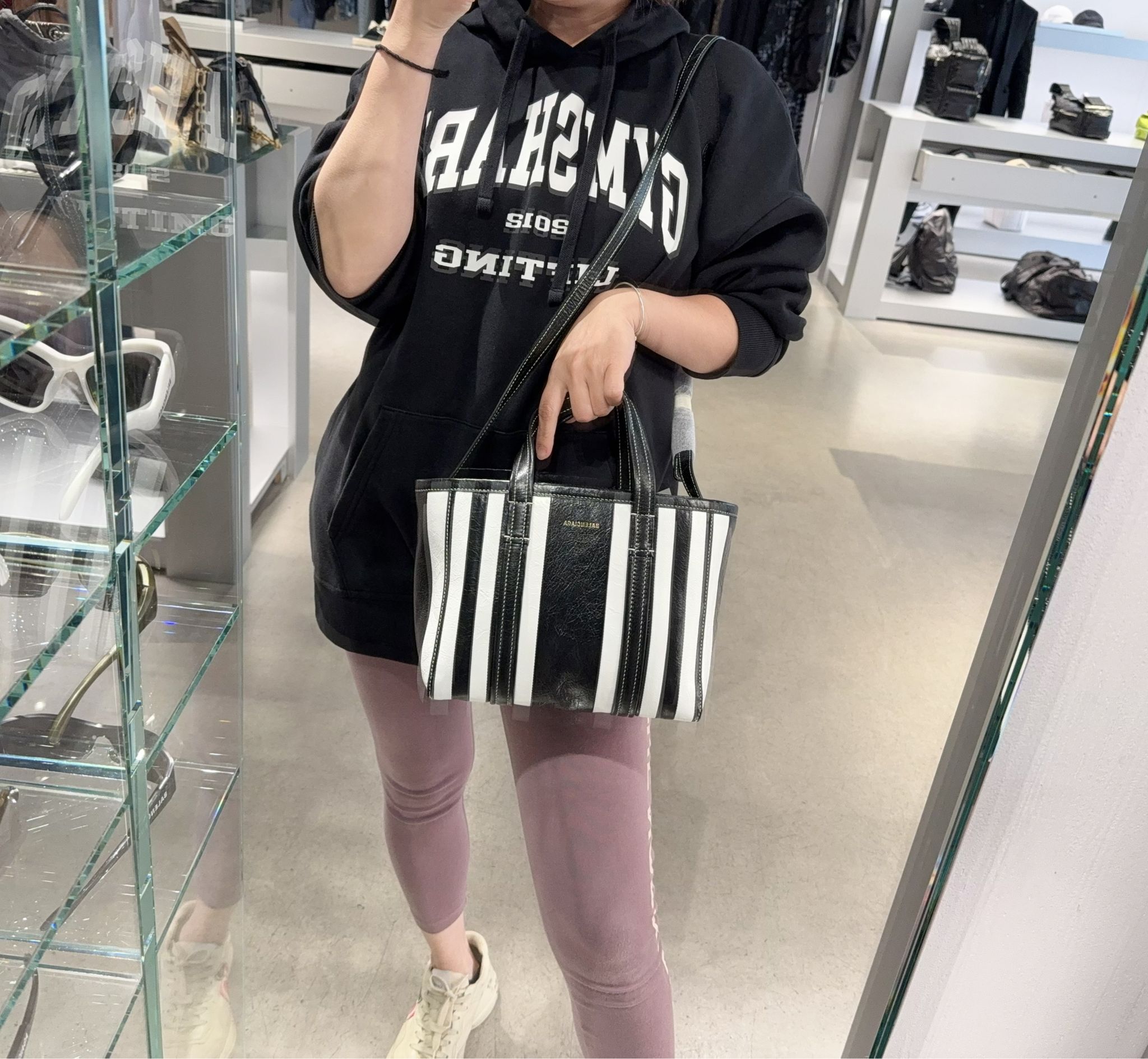 Balenciaga Barbes Stiped Arena Lamb patch Small Shopper Tote bag Black and White 671404