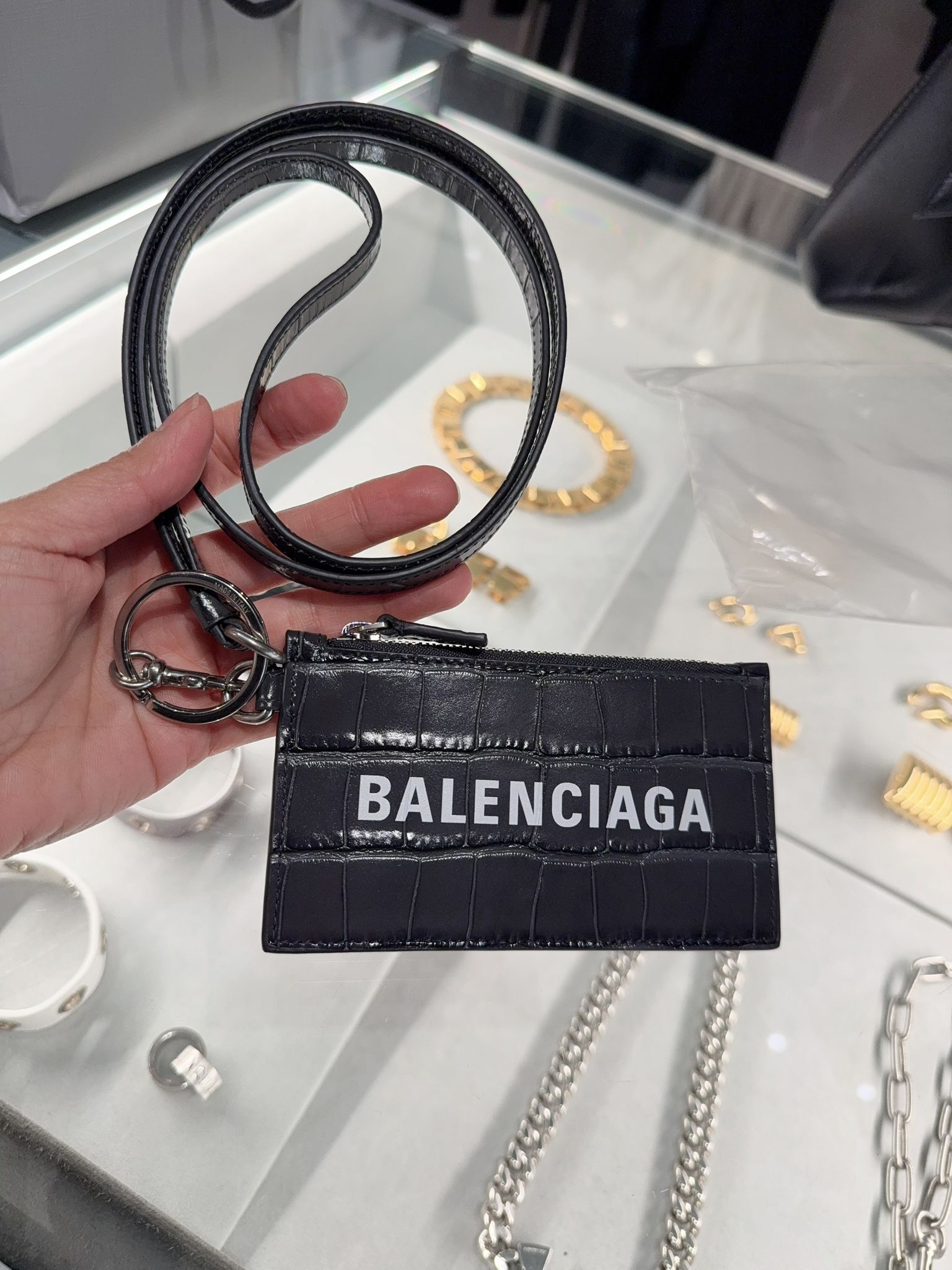 Balenciaga Embossed croc printed coin purse with strap 2 colors 594548