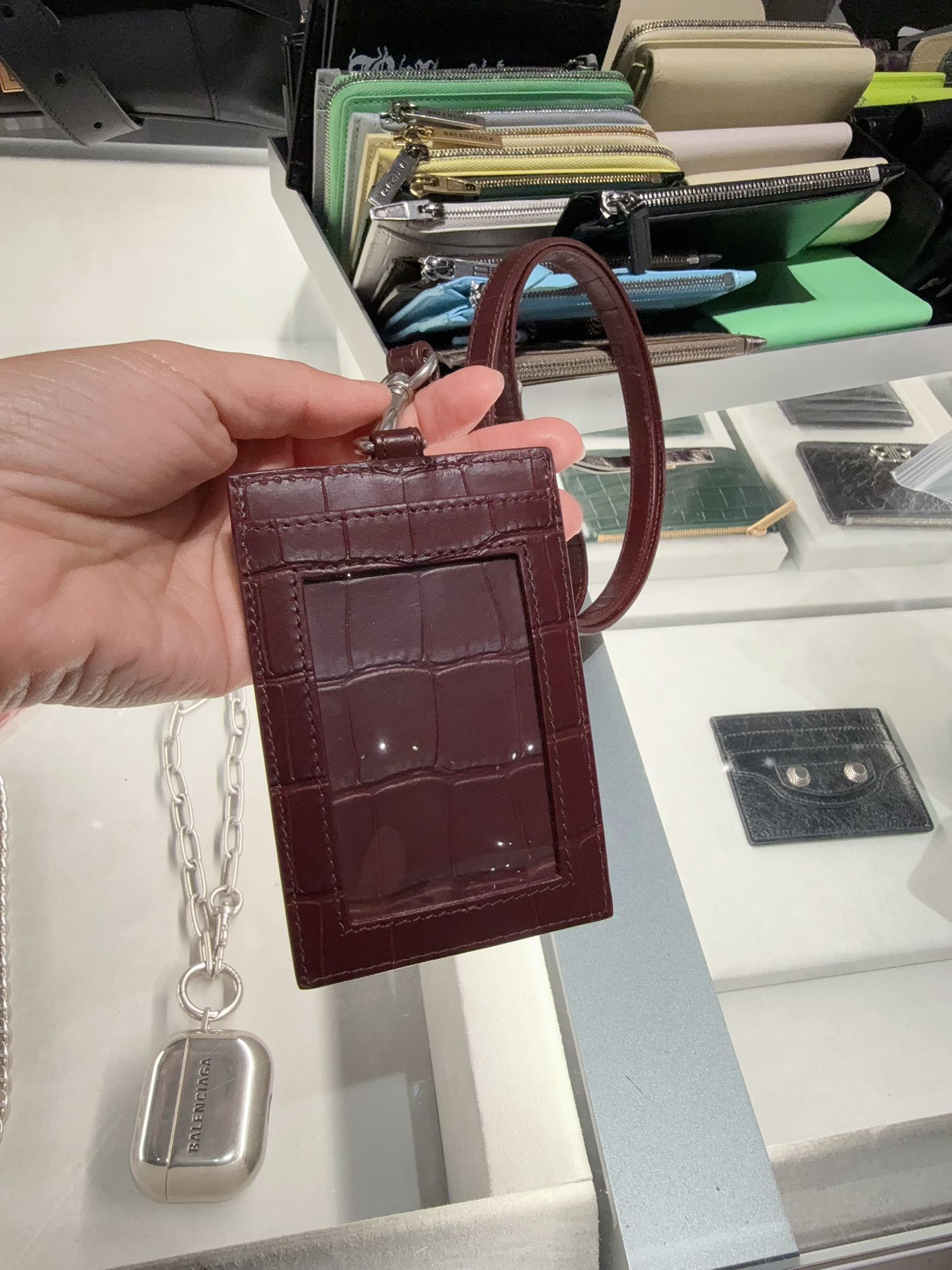 Balenciaga Embossed croc printed Cash card badge holder Dark Red 715461