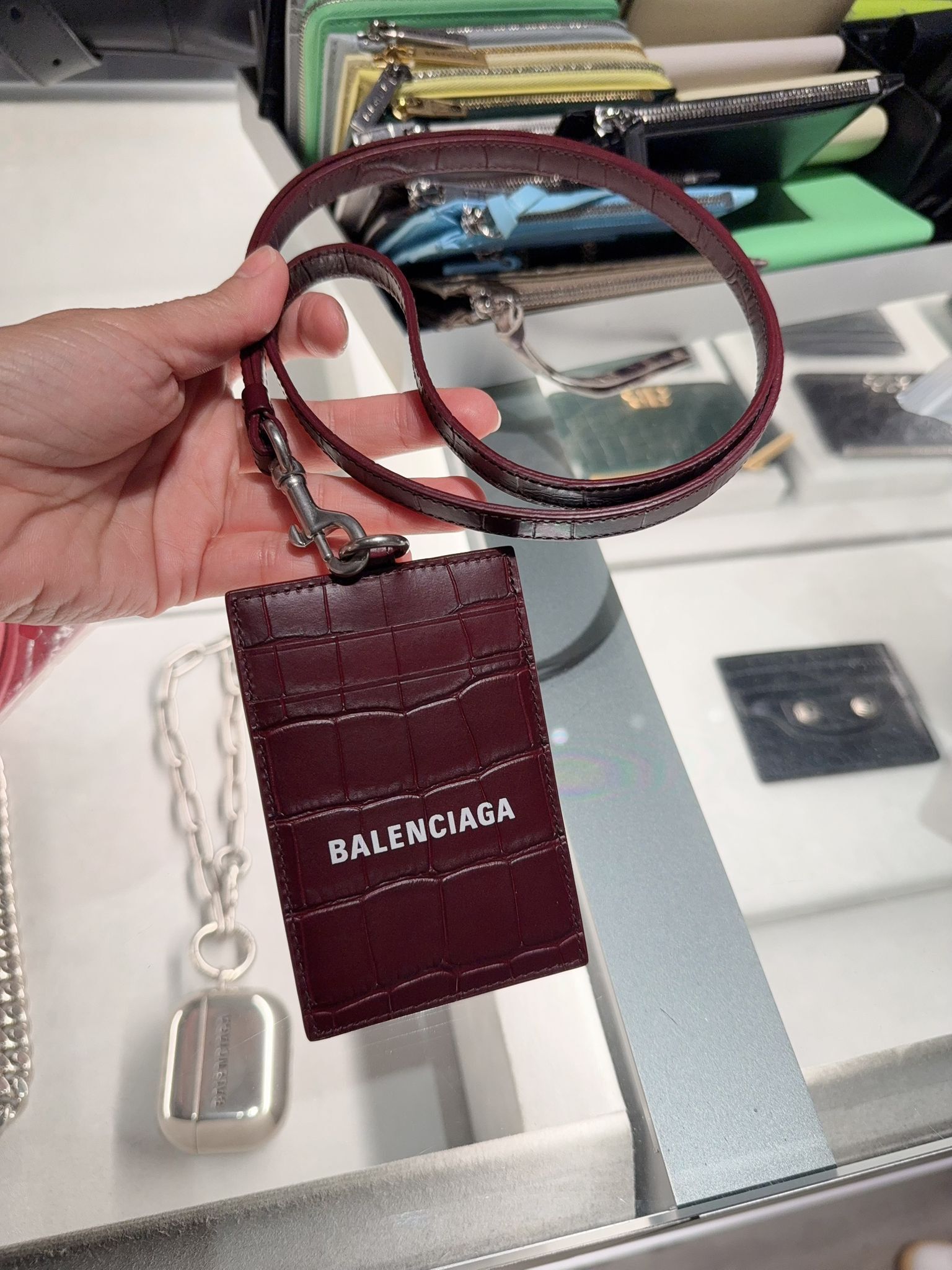 Balenciaga Embossed croc printed Cash card badge holder Dark Red 715461