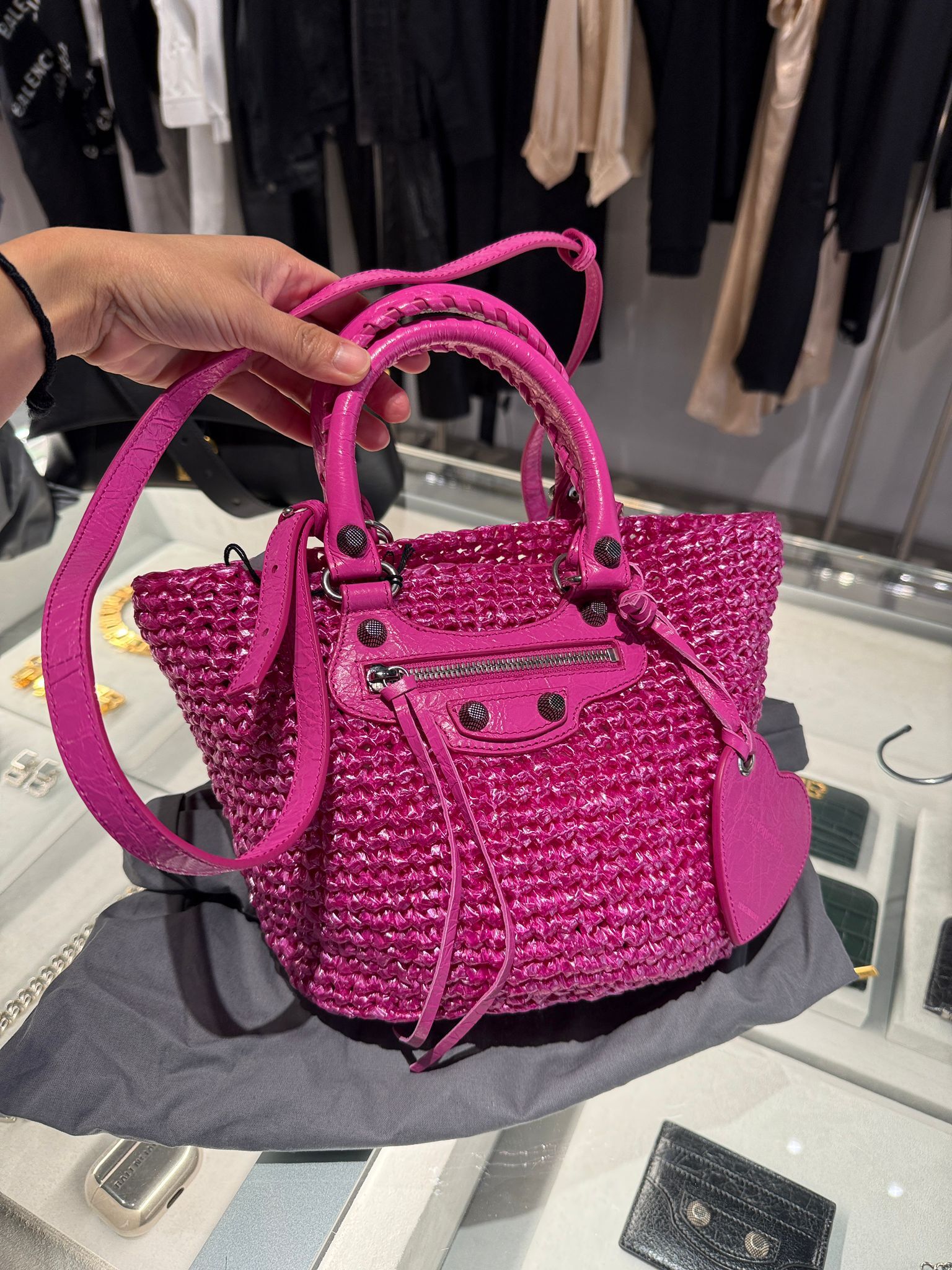 Balenciaga Le Cagol Pannier Nylon Raffia tote bag Light Pink 786187