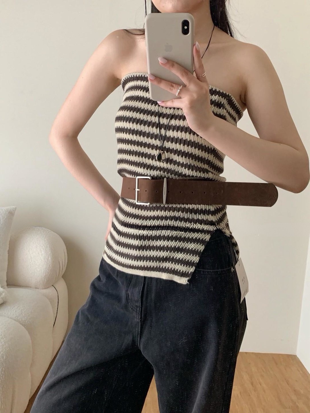 條紋針織抹胸背心(附皮帶)