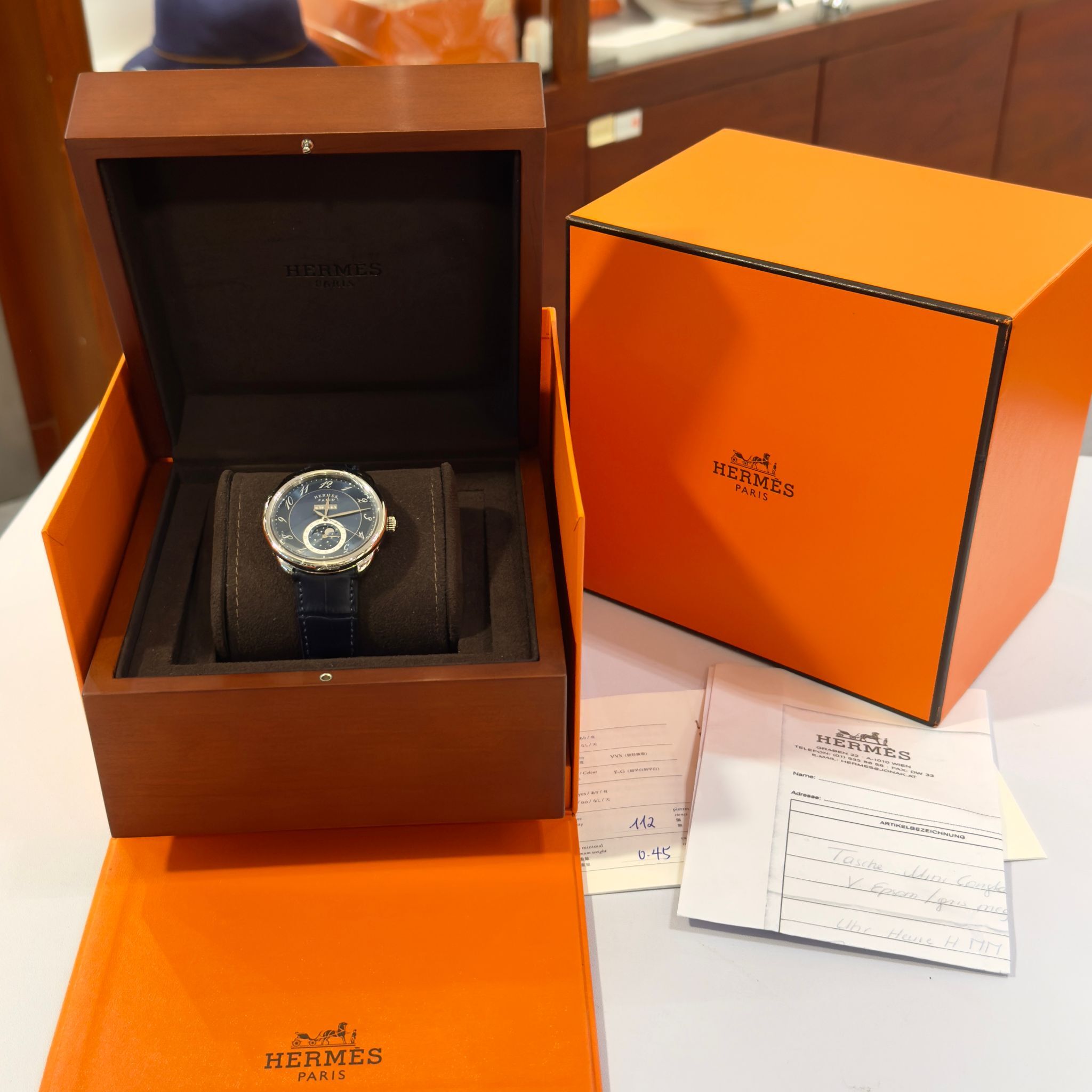 全新HERMES手錶 43mm 鱷魚皮帶 精鋼藍面 ARCEAU GRANDE LUNE WATCH #BRAND NEW #香榭站正品