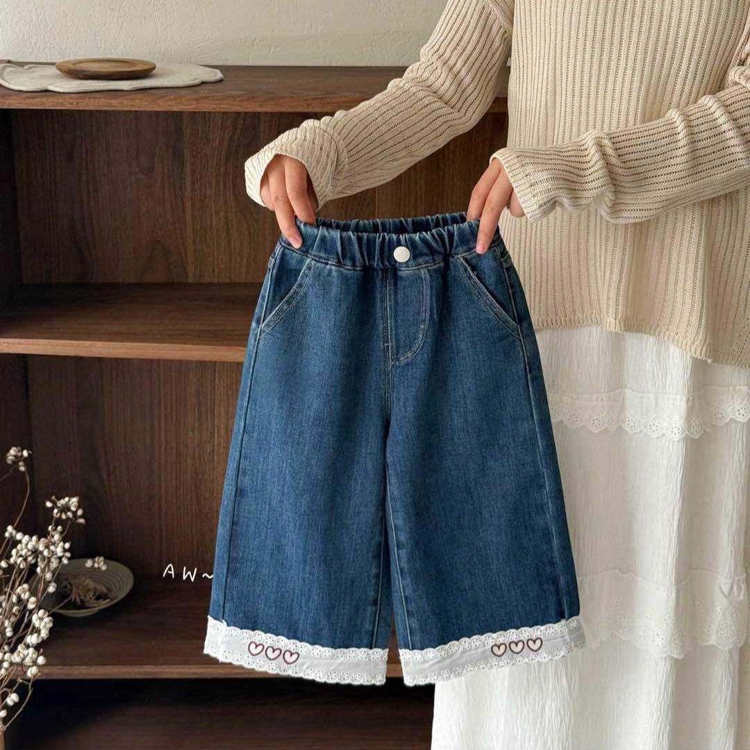 25秋 蕾絲愛心牛仔寬褲
