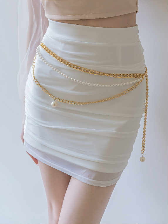 🤍珍珠腰鍊網紗包臀短裙（白色均碼）