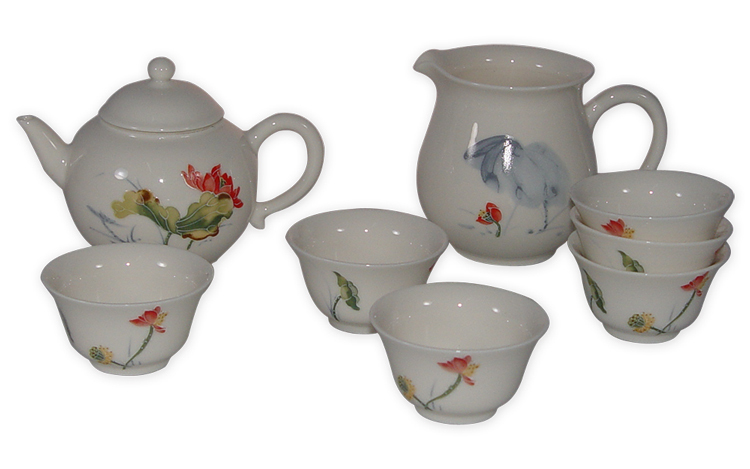 彩荷浮雕茶具組｜8入線塑禮盒套裝 高雅品味送禮首選