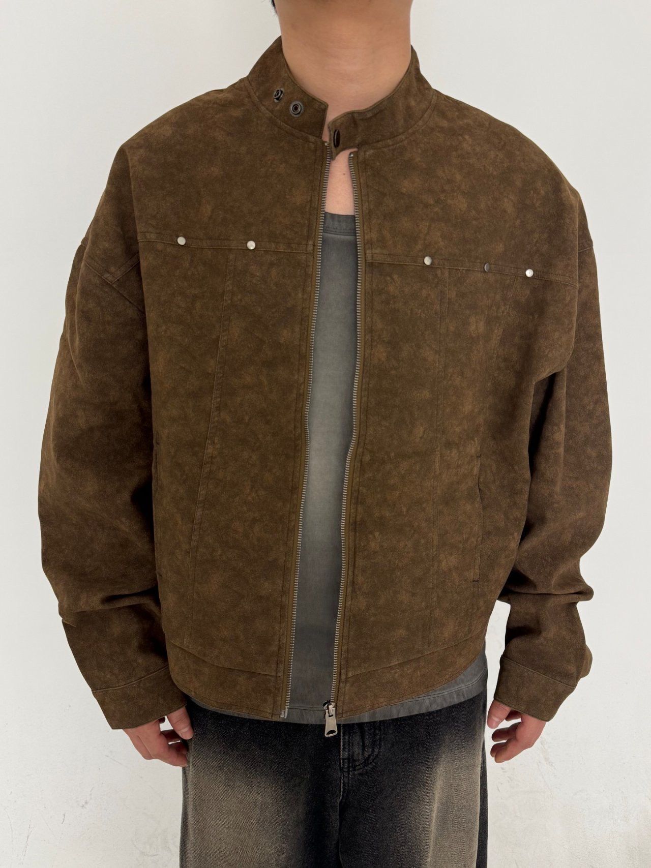 淨色企領拉鍊合成皮褸 GLAMOUR-102JK