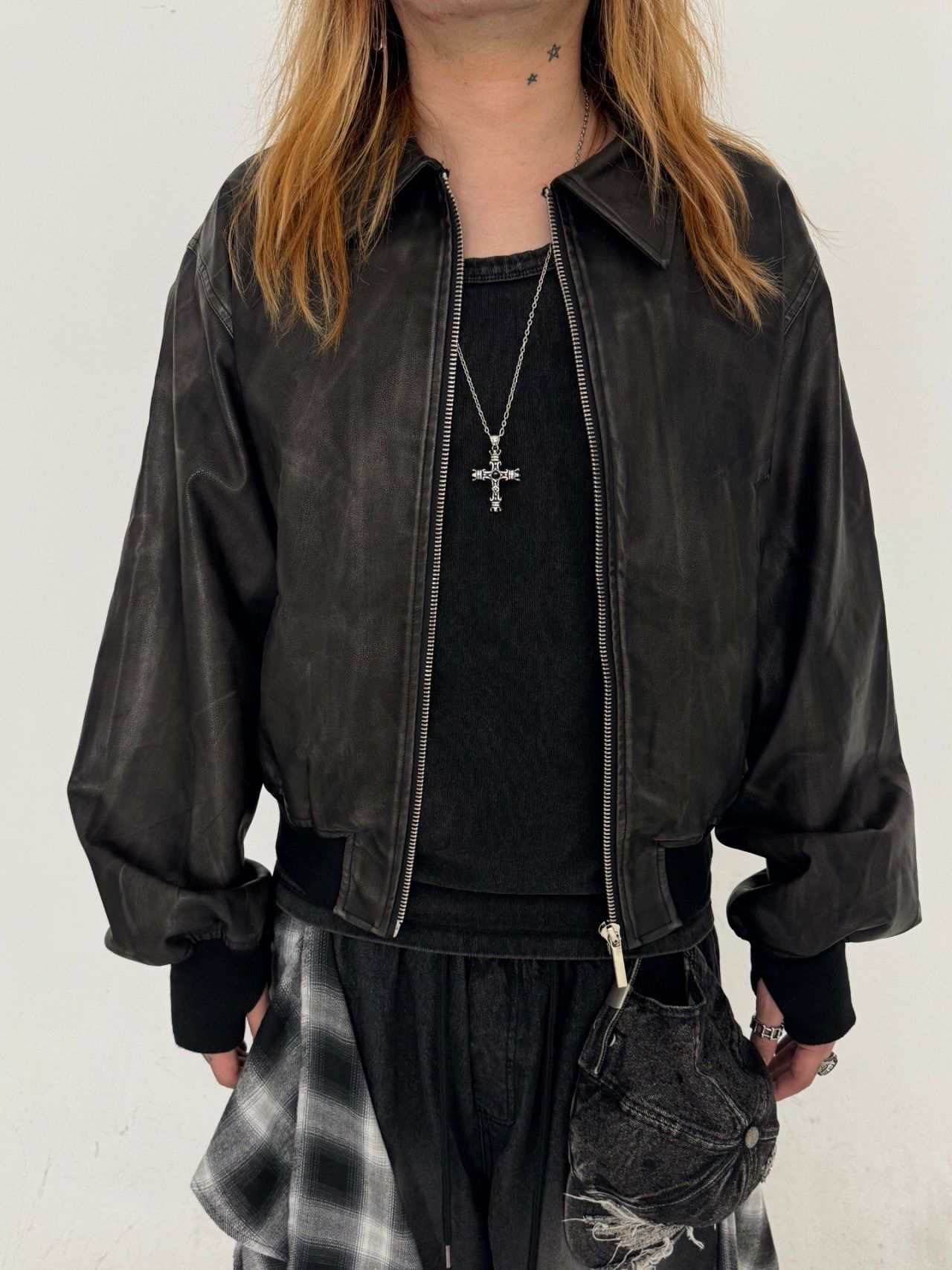 淨色反領拉鍊合成皮褸 GLAMOUR-103JK