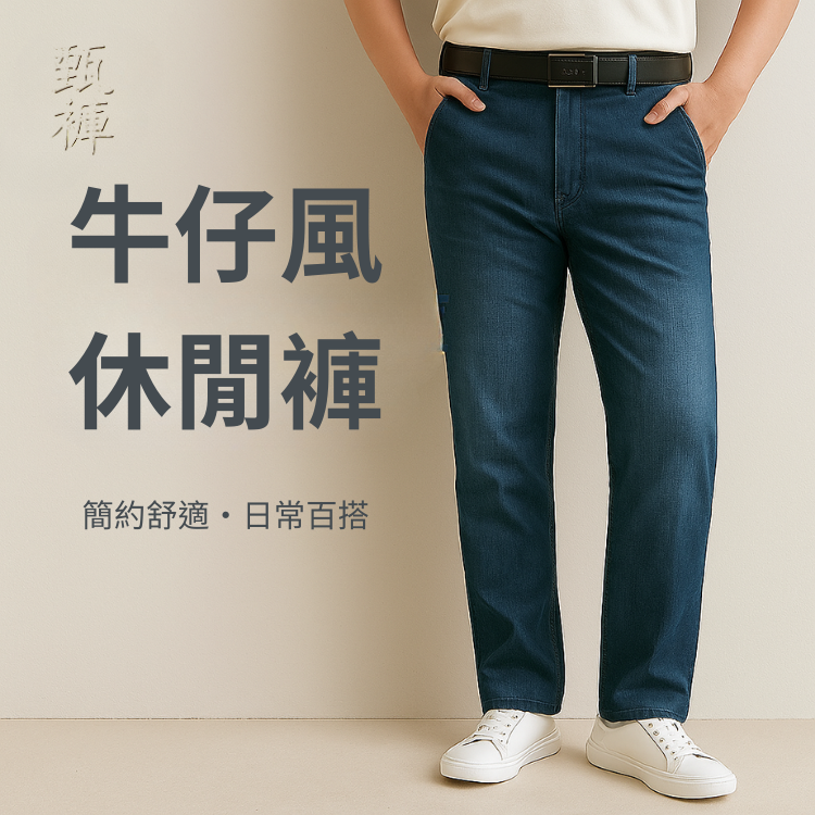 甄褲｜薄款牛仔風休閒褲｜無摺中高腰直筒・深藍／藍（輕刷白）・(30~43 吋）免費改長