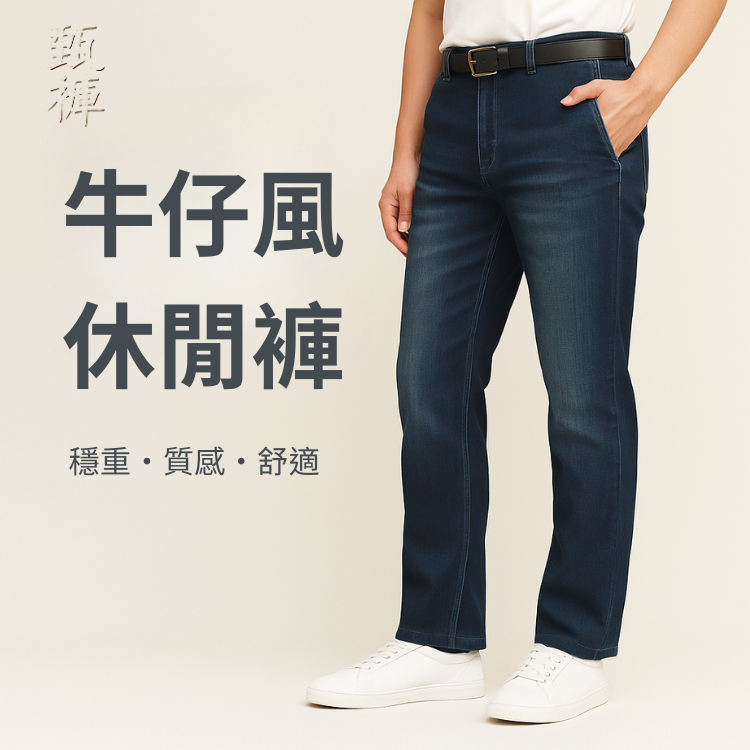 甄褲｜薄款牛仔風休閒褲｜無摺中高腰直筒・深藍／藍（輕刷白）・(30~43 吋）免費改長