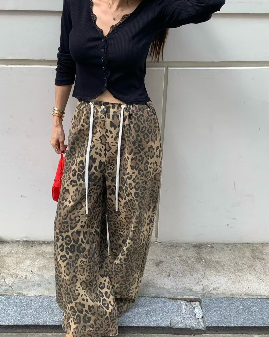 綁繩豹紋工作褲