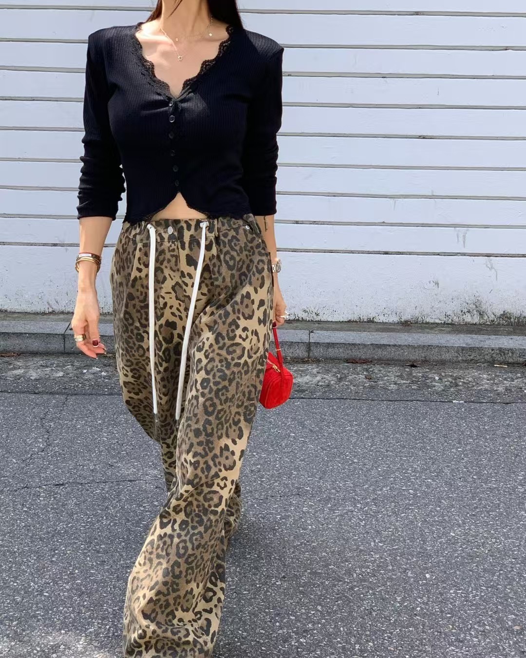 綁繩豹紋工作褲