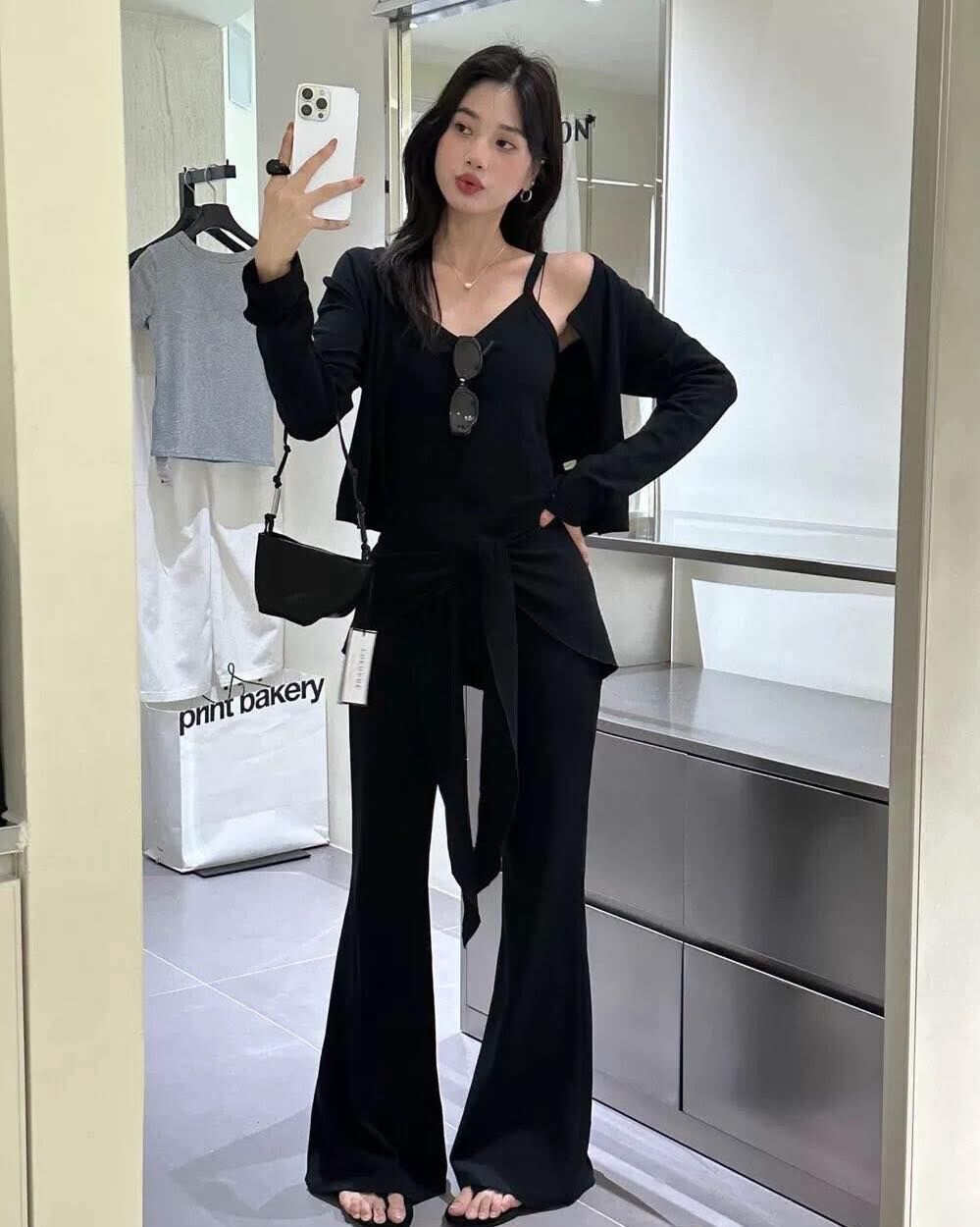 【俏皮又簡約外套背心+綁腰喇叭褲3件組】（現貨）