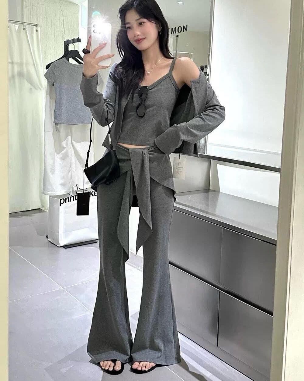 【俏皮又簡約外套背心+綁腰喇叭褲3件組】（現貨）