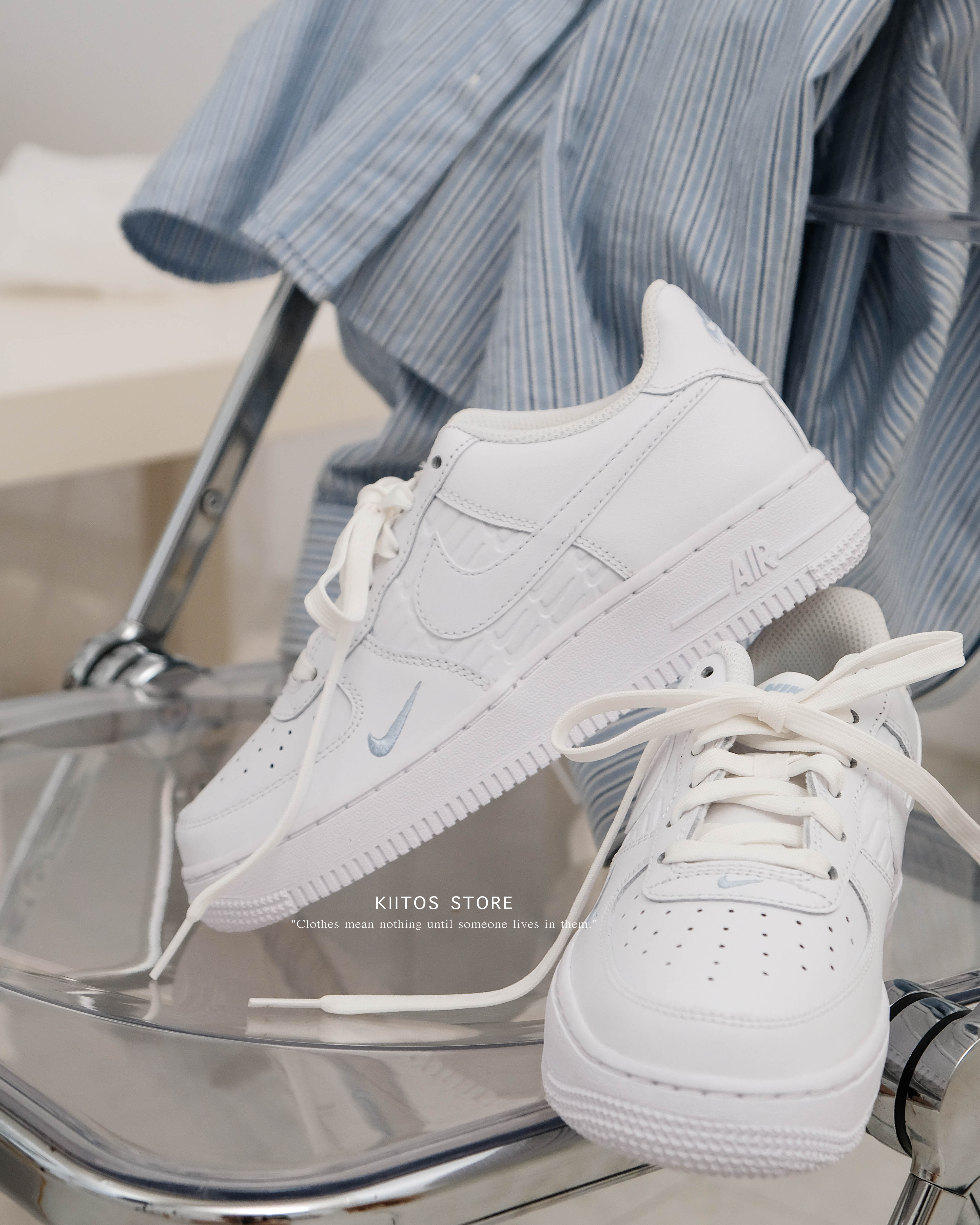 NIKE AIR FORCE 1 GS 白藍色 壓紋 皮革 小勾 刺繡 IH4475-100