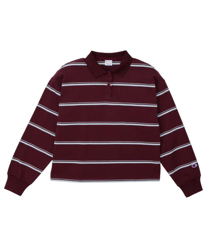 女款-CASUAL 寬版條紋長袖POLO衫-深紅/藍色（CW-C401-109）