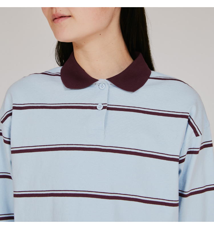 女款-CASUAL 寬版條紋長袖POLO衫-藍/深紅色（CW-C401-322）