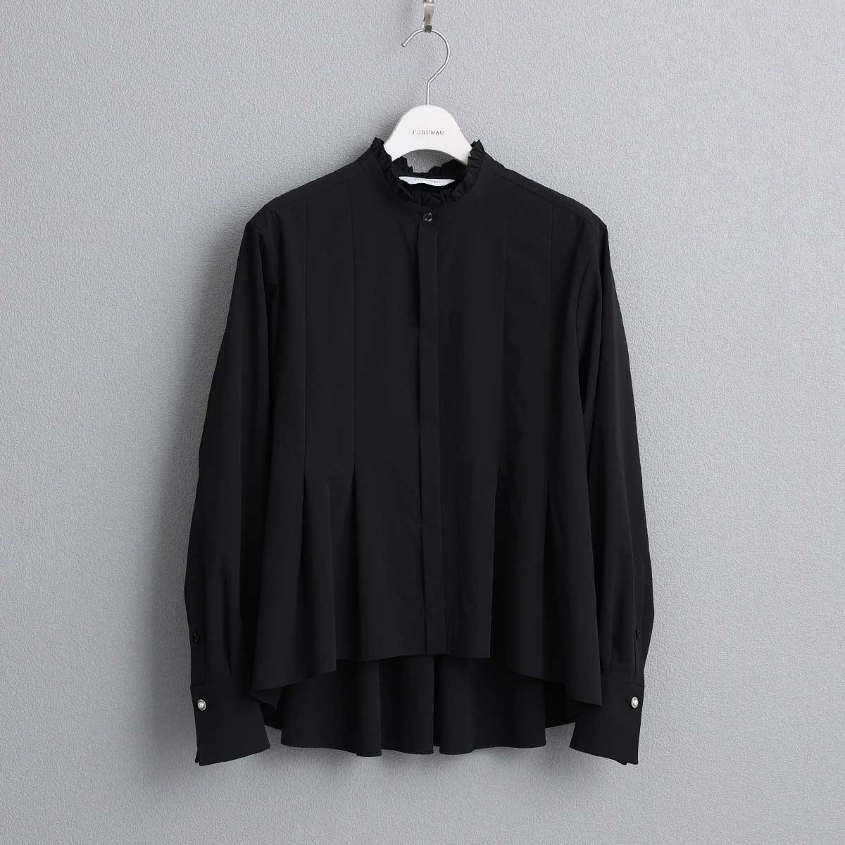 科技素材荷葉邊襯衫(黑）