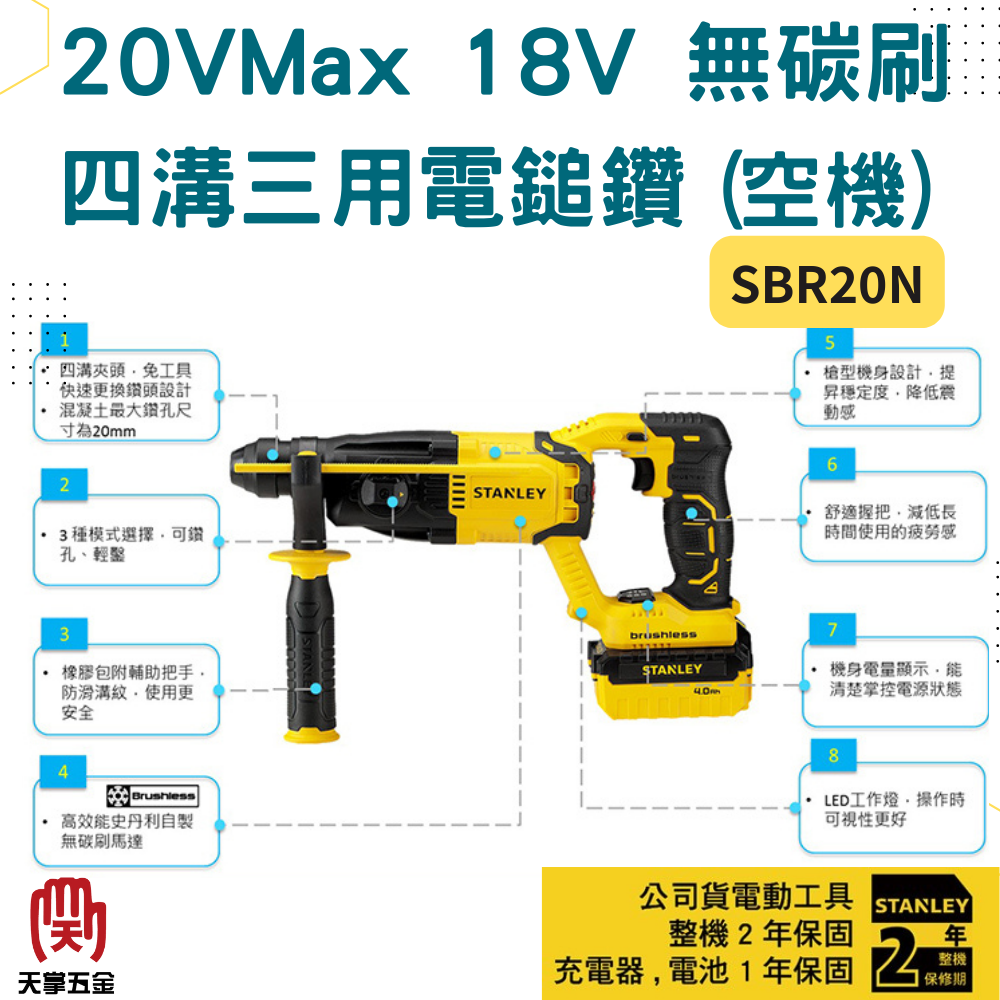 史丹利18V無刷四溝三用電鎚鑽 SBR20N空機