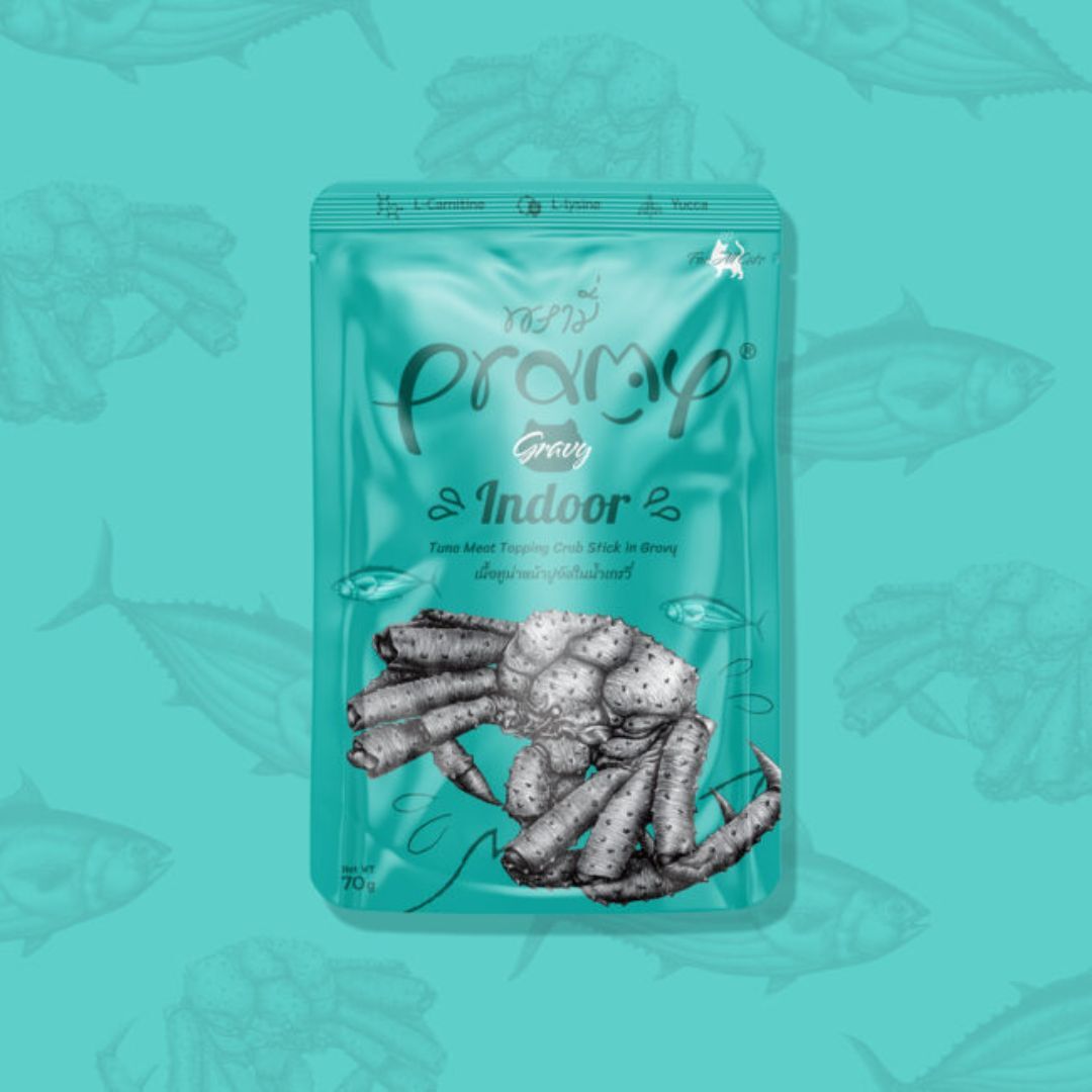 Pramy 功能性肉汁成貓濕糧包 - 高級白肉吞拿魚 + 蟹肉 (室內貓配方) 70g (Exp: Sep-2027)