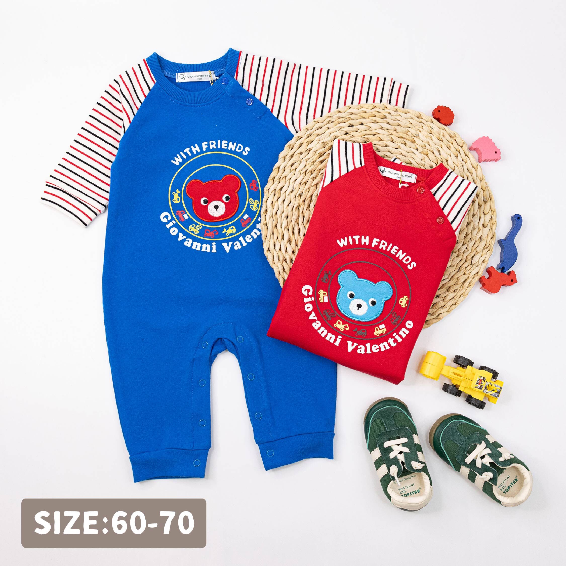 范侖鐵諾【32525】熊熊工程車條紋拼接袖連身裝/蝴蝶衣＊二色