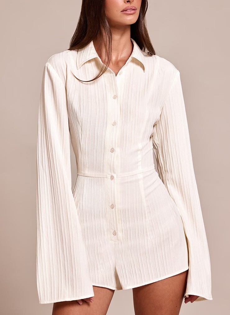 Cream White奶油白色立體紋路襯衫連身短褲