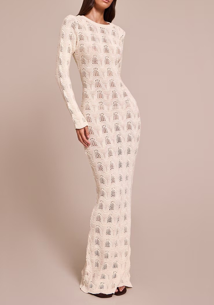 Cream奶油白色洞花針織露背長洋裝