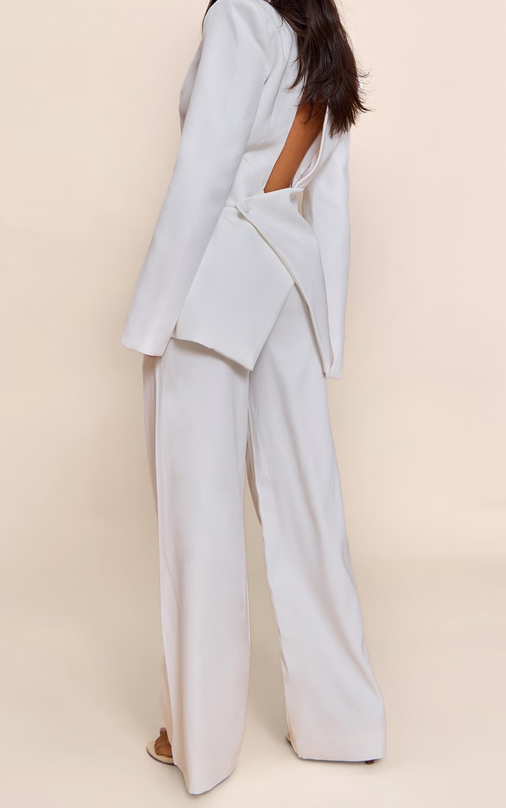 Modern White白色露背交叉西裝外套+長寬褲套裝