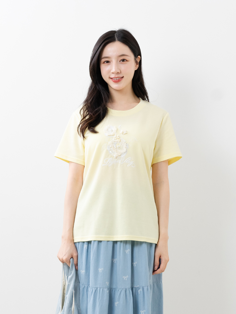 溫柔玫瑰珍珠繡花棉質短袖上衣