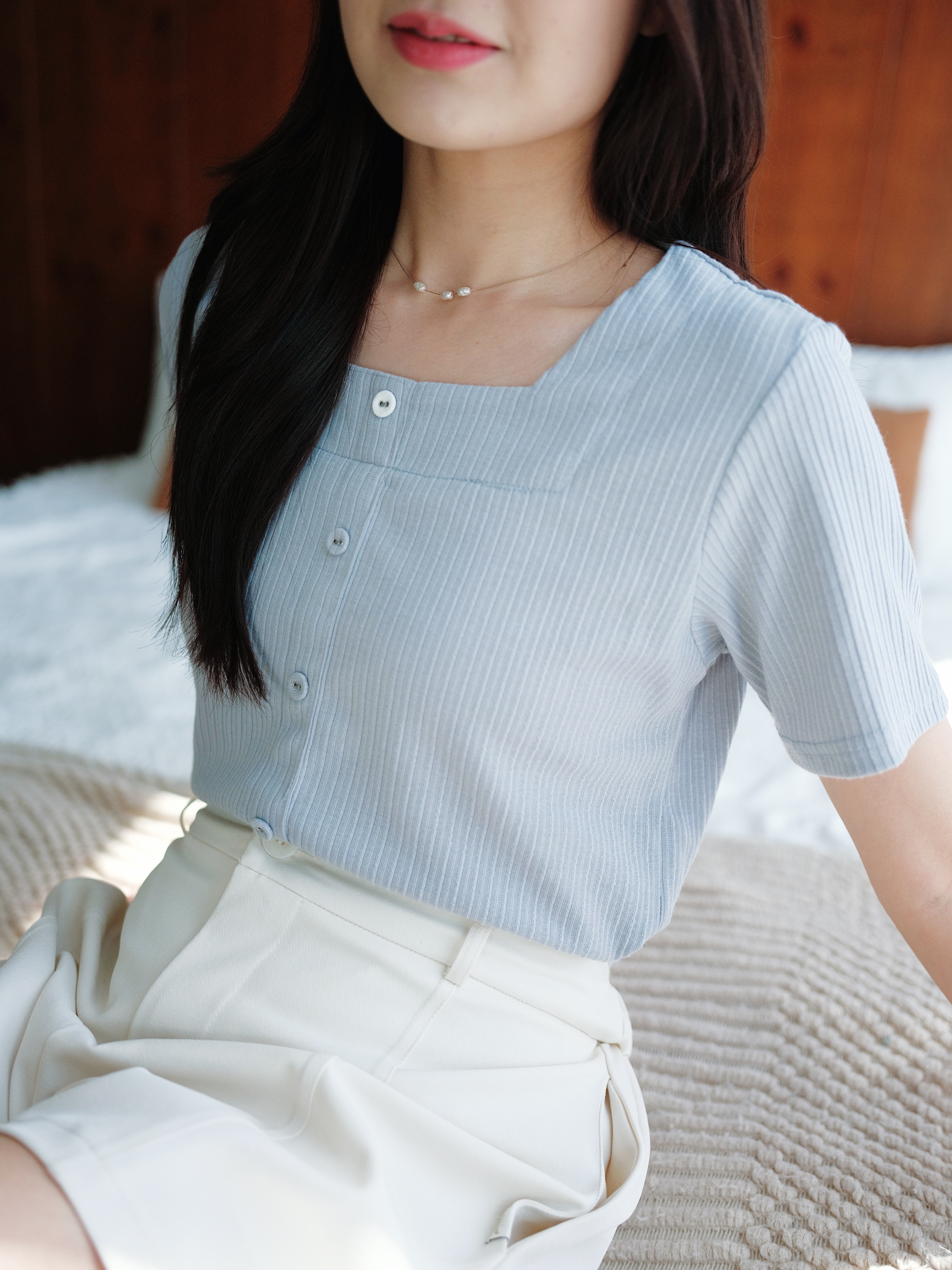 三色 / 方領包鈕短袖上衣 / Cloth Button-Up Square Neck Top