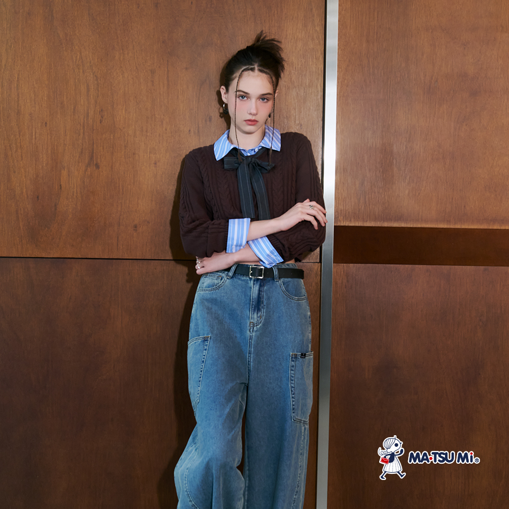 MA‧TSU Mi 復古時髦車線感可調節工裝大口袋闊腿褲(水藍)