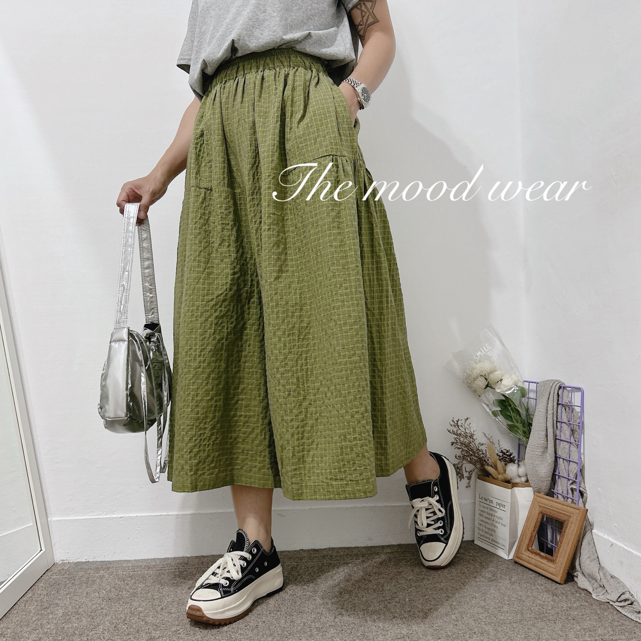 泡泡布小格子寬褲裙 藍色長裙