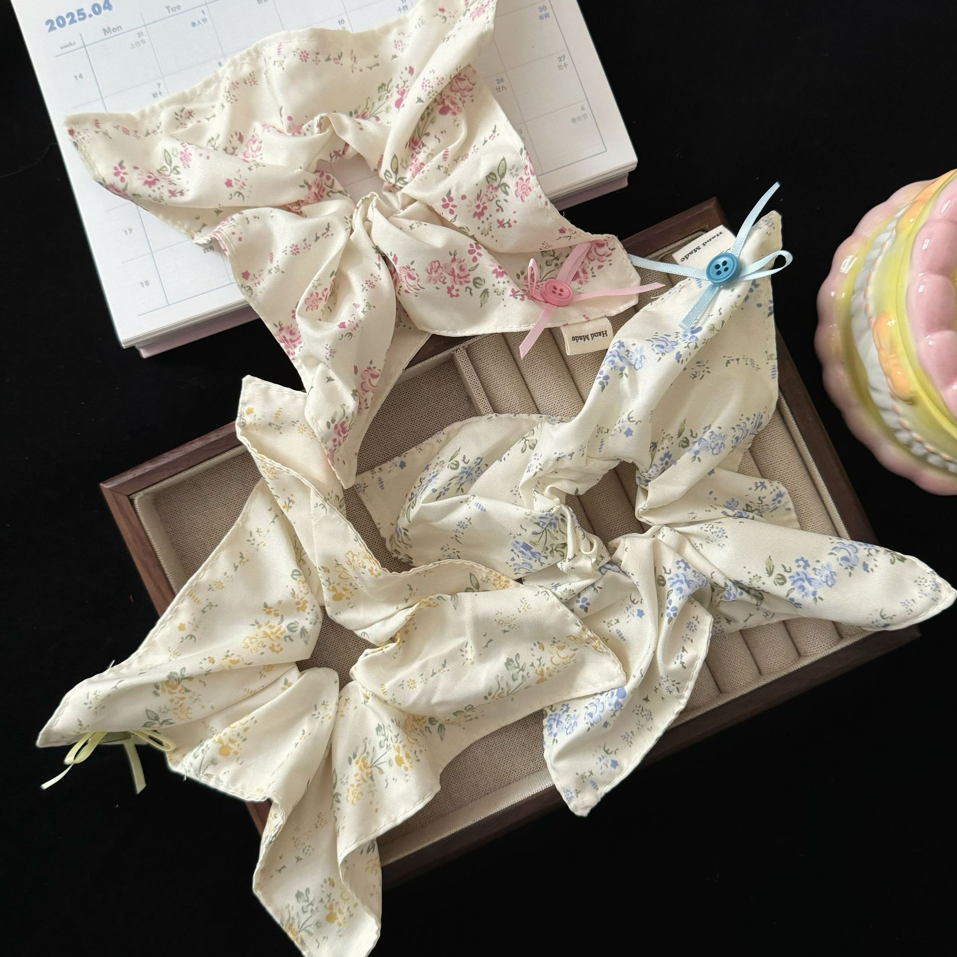 [2 FOR RM10] Blue Plaid x Floral Button Scarf Scrunchies