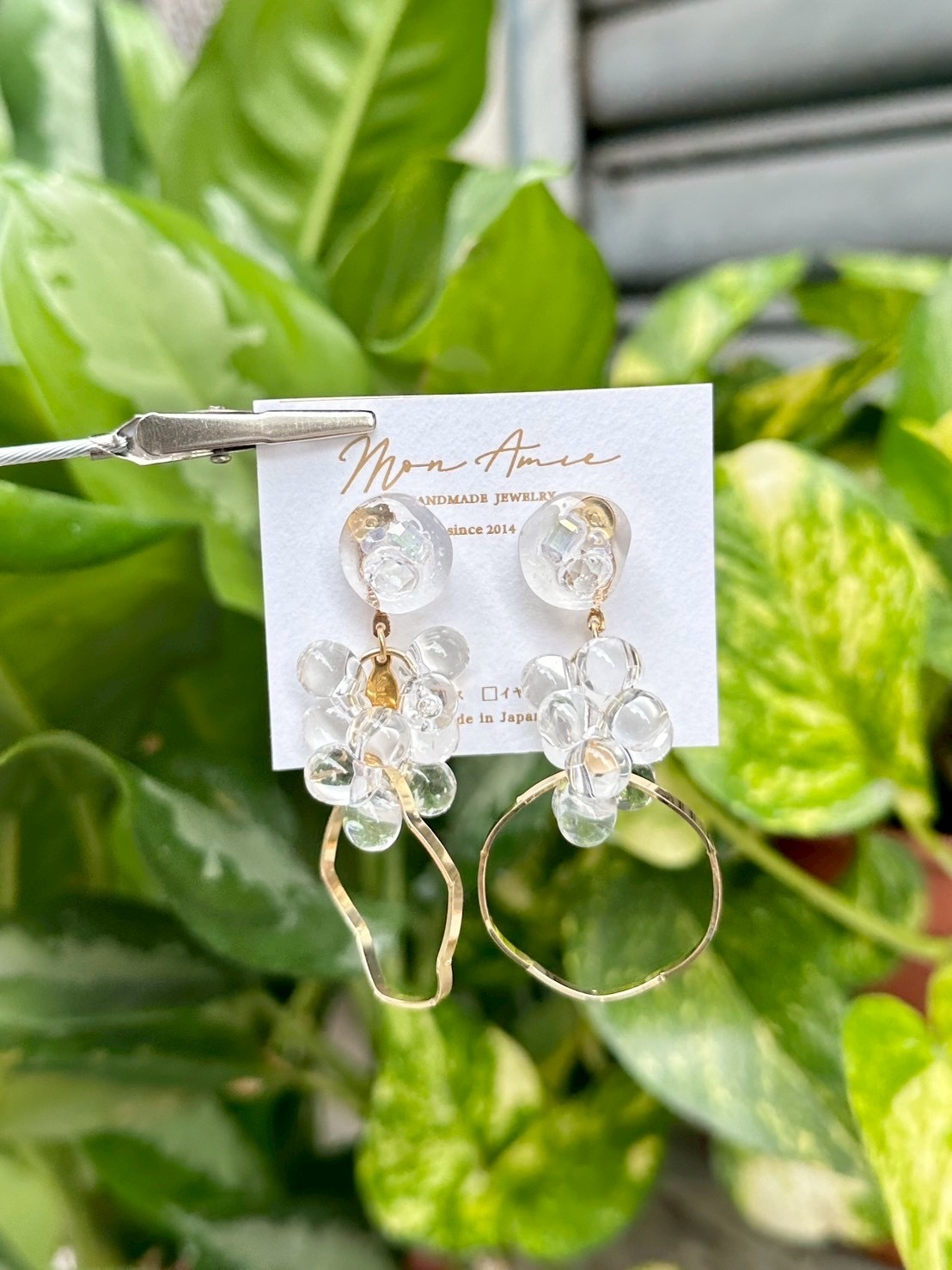 [Mon Amie] 2way 透明寶石玻璃珠耳環 | 金色 | NO.1 | 耳針