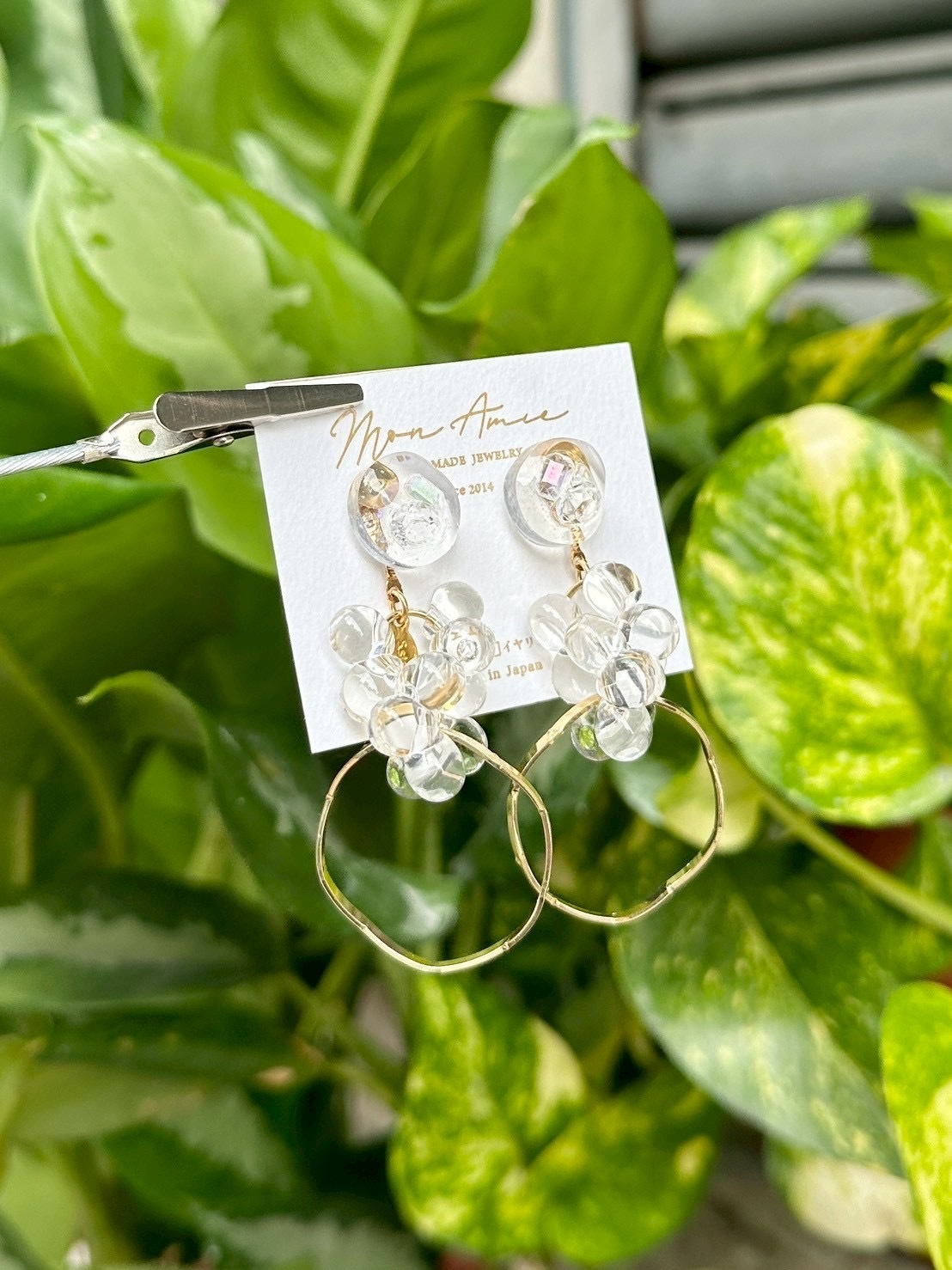 [Mon Amie] 2way 透明寶石玻璃珠耳環 | 金色 | NO.1 | 耳針