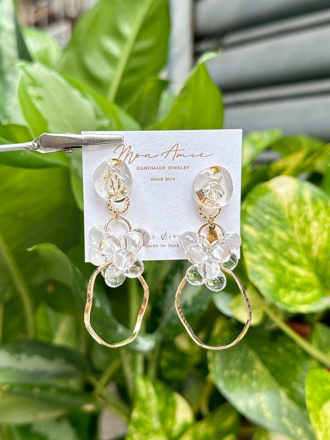 [Mon Amie] 2way 透明寶石玻璃珠耳環 | 金色 | NO.1 | 耳夾