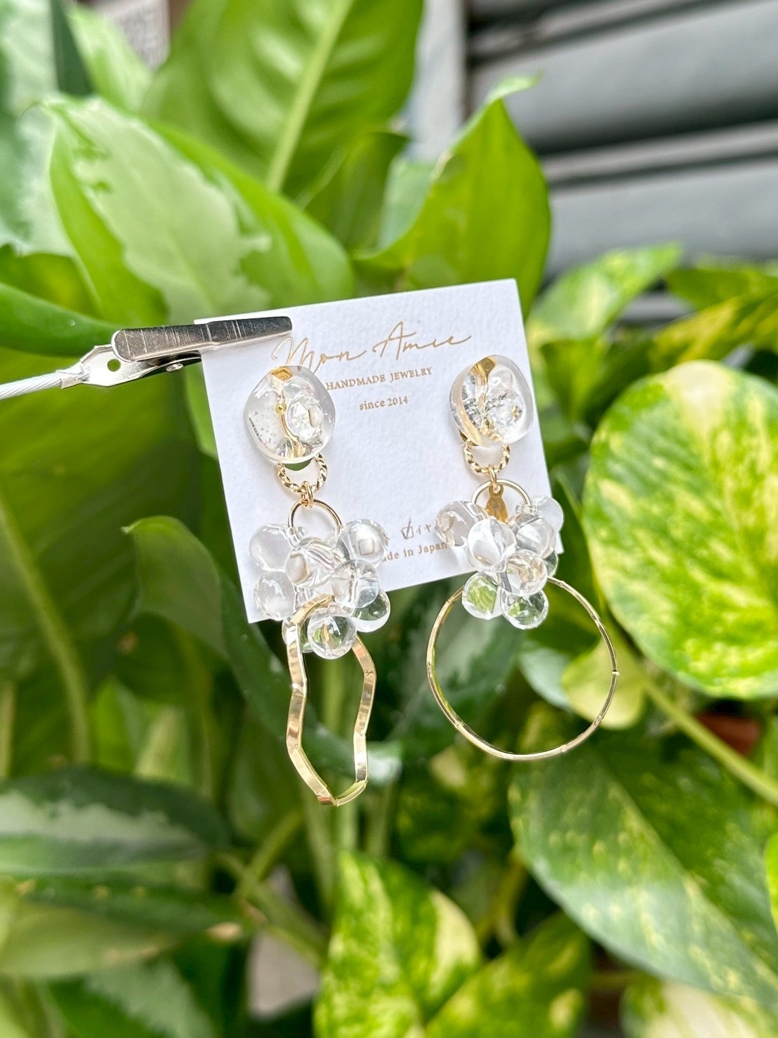 [Mon Amie] 2way 透明寶石玻璃珠耳環 | 金色 | NO.1 | 耳夾
