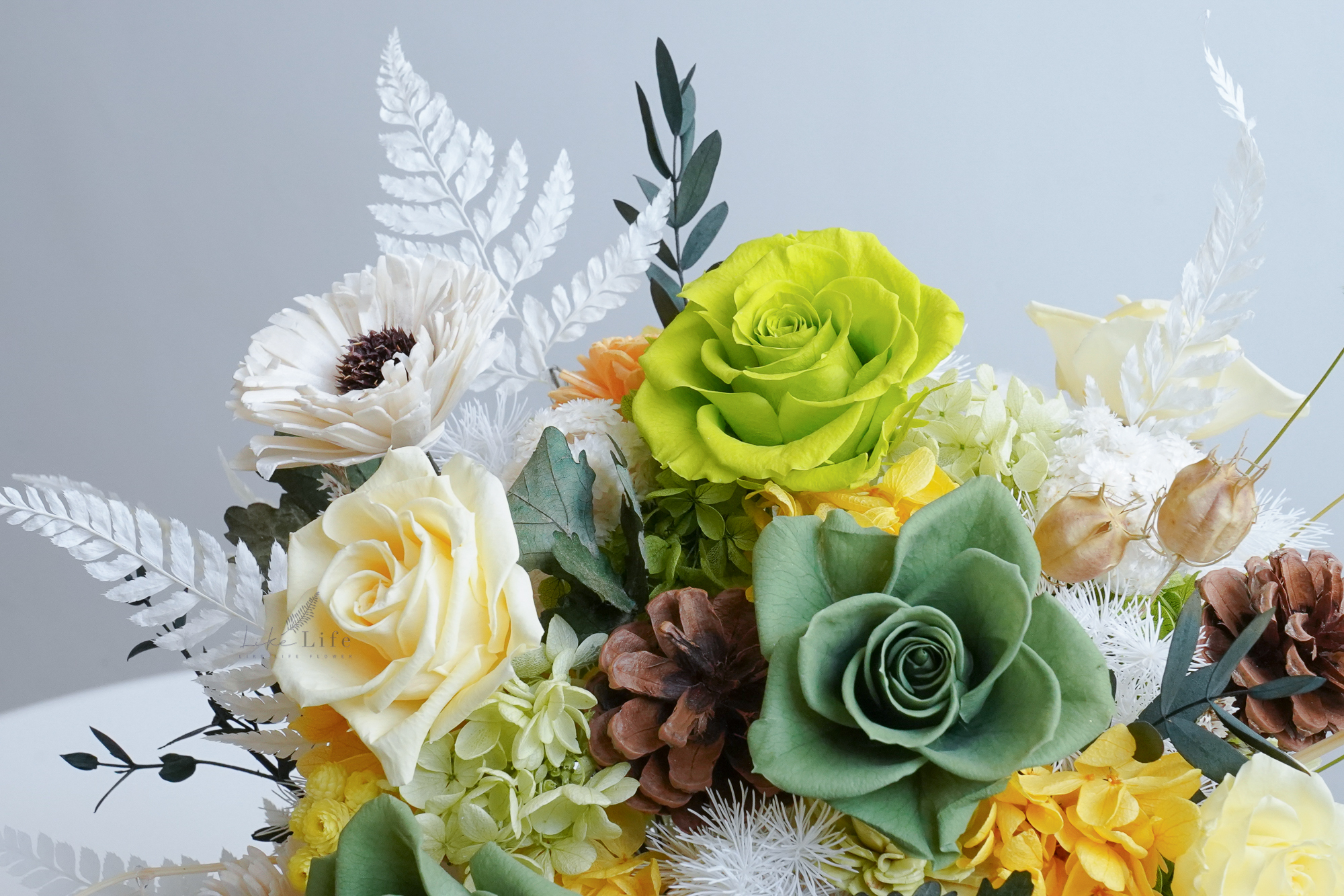 綠色永生花盆栽特寫,開幕盆栽推薦綠色,永生花綠色推薦2