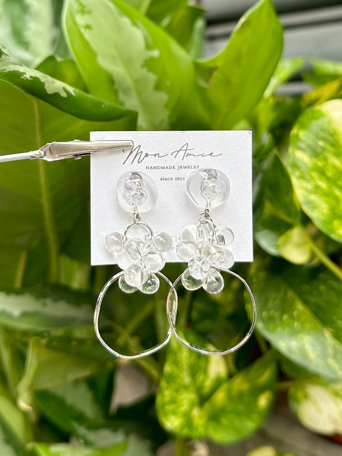 [Mon Amie] 2way 透明寶石玻璃珠耳環 | 銀色 | NO.2 | 耳針