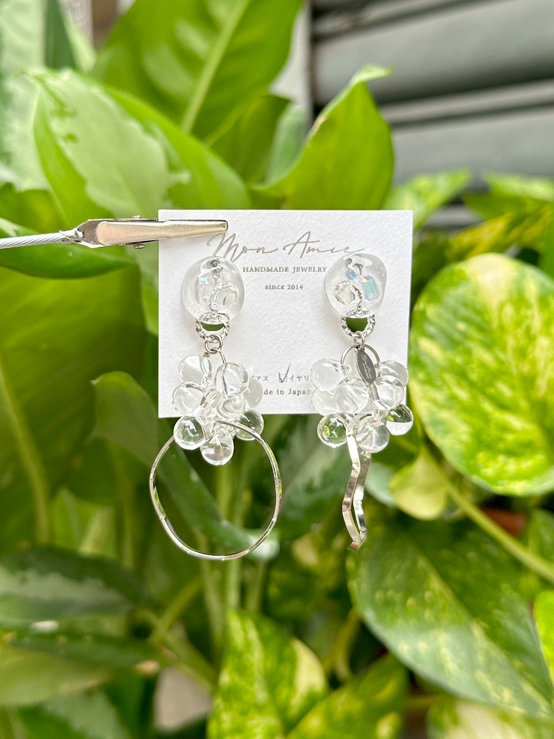 [Mon Amie] 2way 透明寶石玻璃珠耳環 | 銀色 | NO.2 | 耳夾