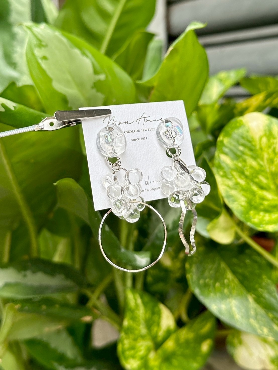 [Mon Amie] 2way 透明寶石玻璃珠耳環 | 銀色 | NO.2 | 耳夾