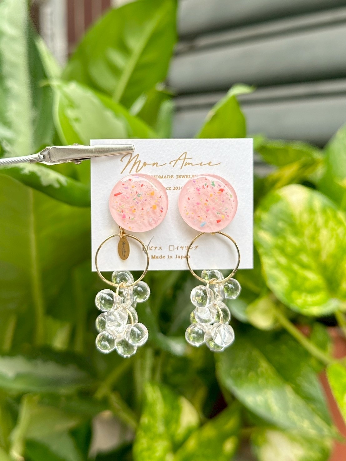 [Mon Amie] 2way 繽紛圓環水珠掛墜耳環 | 粉色 | NO.3 | 耳針