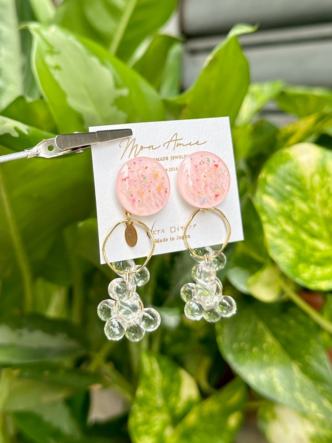 [Mon Amie] 2way 繽紛圓環水珠掛墜耳環 | 粉色 | NO.3 | 耳針