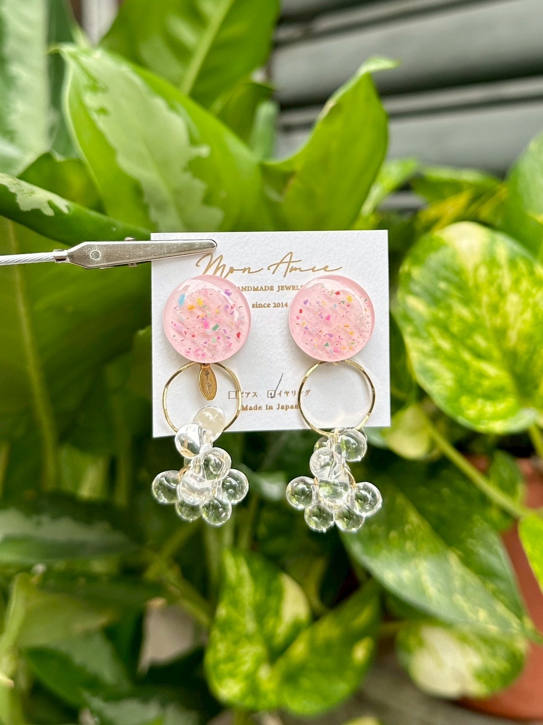 [Mon Amie] 2way 繽紛圓環水珠掛墜耳環 | 粉色 | NO.3 | 耳夾